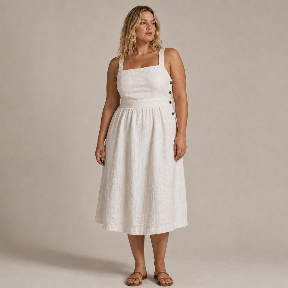 GAP Linen Pinafore Midi Dress White Wooden Button Crossback Straps Sz 18T